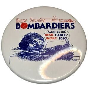 Bay State Bombardiers Catch Us On NESN CABLE/WORC 1310 Button Pin 3" Vtg